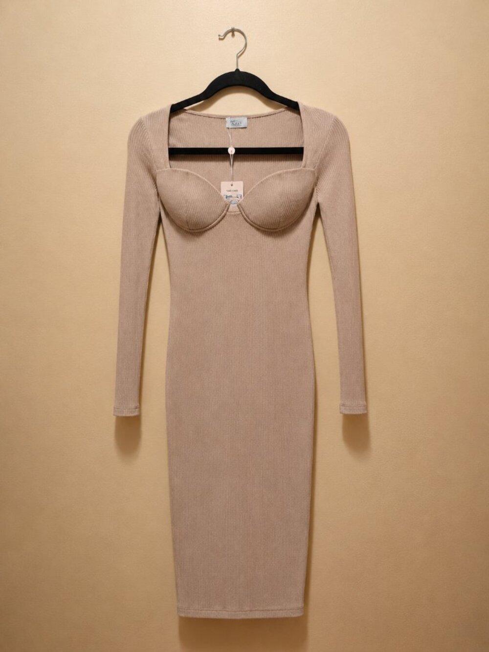 Oh Polly Ribbed Long Sleeve Bodycon Midi Dress NWT Neutral Beige